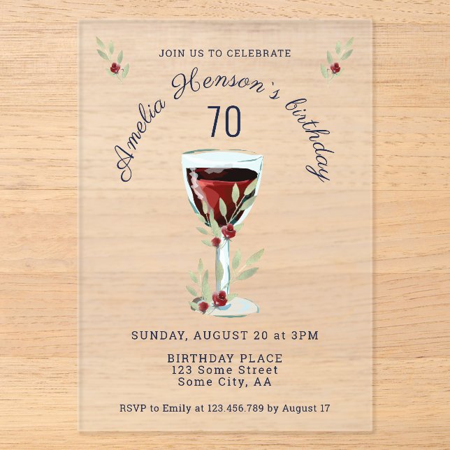 Rustic 70th Birthday Red Wine Glass Birthday Acrylic Invitations (Front)