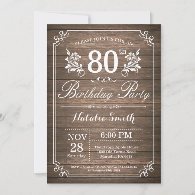 Rustic 80th Birthday Invitation Floral (Front)