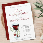 Rustic 80th Birthday Red Wine Surprise Party Invitation<br><div class="desc">Elegant 80th Birthday Red Wine Surprise Birthday Party Invitation. 80th birthday party invitation for her or him. Invitation with a red wine glass, roses and twigs on a white background. The text is fully customizable - personalize it with your name, any age - 30th 40th 50th 60th 70th 90th 100th,...</div>