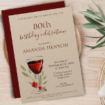 Rustic 80th Birthday Red Wine Surprise Party Kraft Invitation<br><div class="desc">Rustic 80th Birthday Red Wine Surprise Birthday Party Kraft Invitation. 80th birthday party invitation for her or him. Invitation with a red wine glass, roses and twigs on a white background. The text is fully customizable - personalize it with your name, any age - 30th 40th 50th 60th 70th 90th...</div>