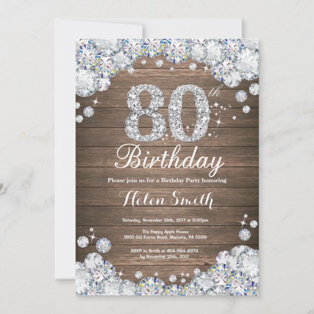 Rustic 80th Birthday Silver Diamond Invitation (Front)