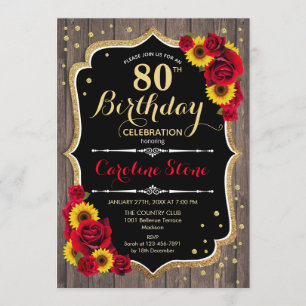 Rustic 80th Birthday - Sunflowers Roses Wood Invitation