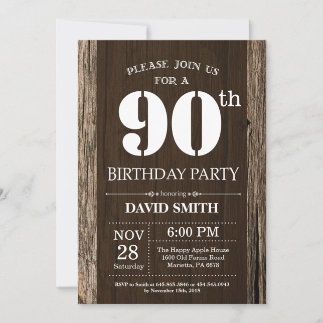 Rustic 90th Birthday Invitation Vintage Wood (Front)