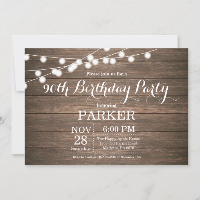 Rustic 90th Birthday Invitation Wood (Front)