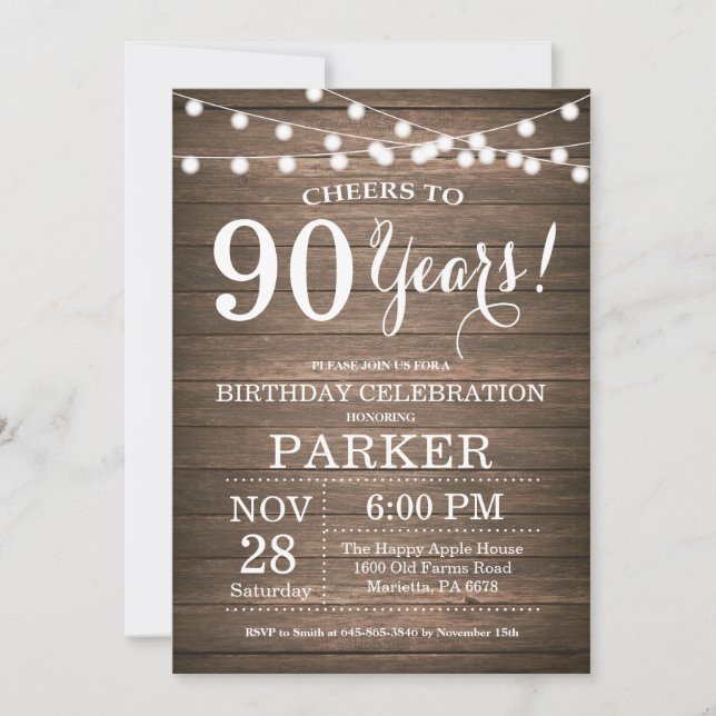 Rustic 90th Birthday Invitation Wood (Front)