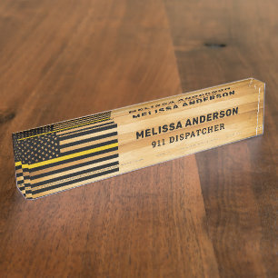 Rustic 911 Dispatcher Thin Gold Line Flag Wood Des Nameplate