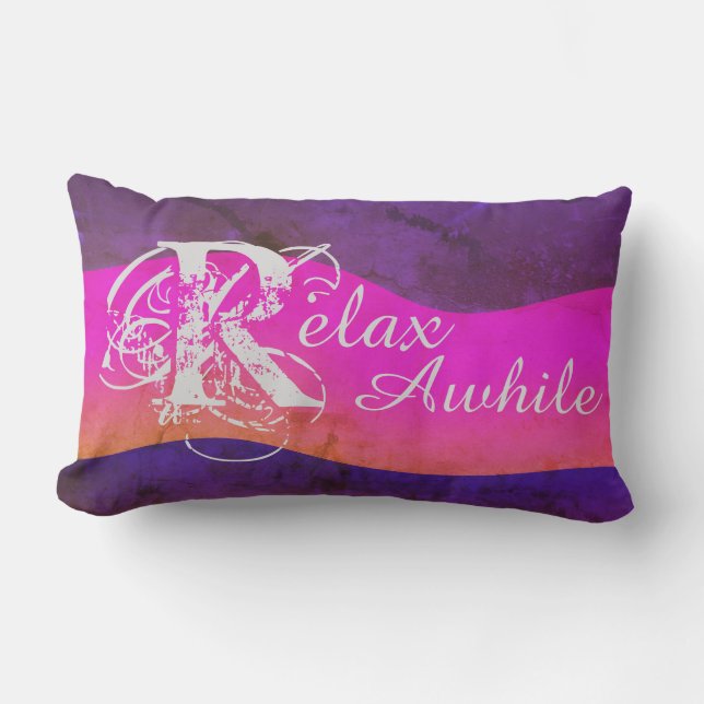 Rustic Abstract Art "Relax Awhile" Purple Pink Lumbar Pillow (Front)