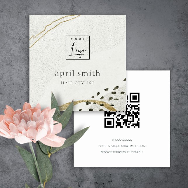 Rustic Abstract Ivory Gold Black Grey QR Code Logo Square Business Card (Creator Uploaded)