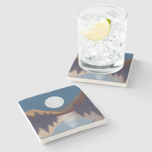 Rustic Abstract Landscape Forest Moon Reflection Stone Coaster