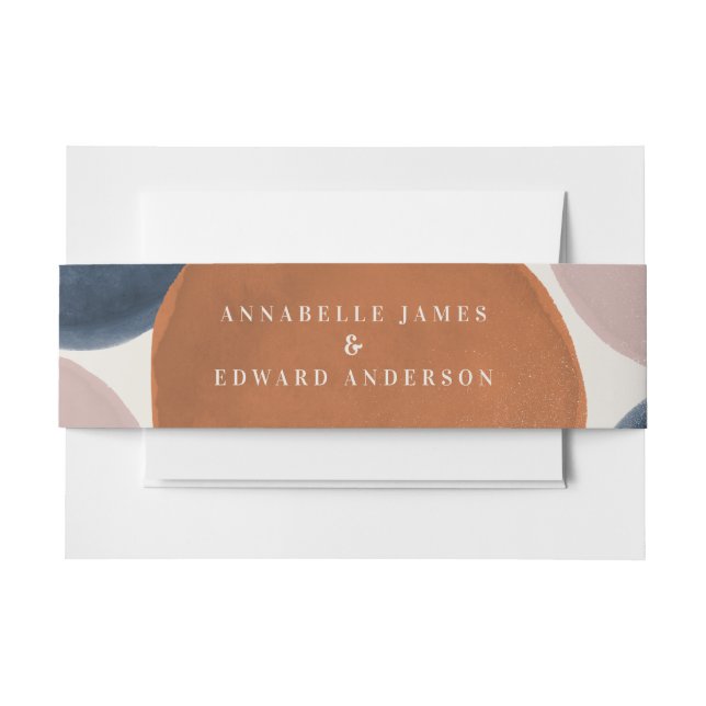 Rustic abstract modern terracotta navy wedding invitation belly band (Front Example)