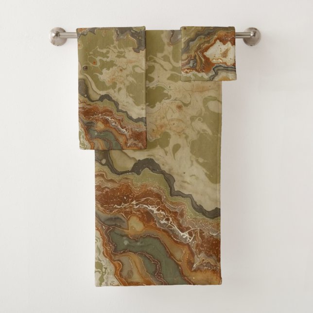 Rustic Abstract Olive Green Amber Mustard Print Bath Towel Set (Insitu)
