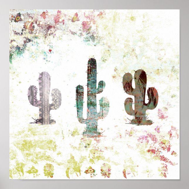Rustic Abstract Pastel Grunge Cactus Poster (Front)
