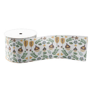 Rustic Acorn Folk Fall Pattern Grosgrain Ribbon