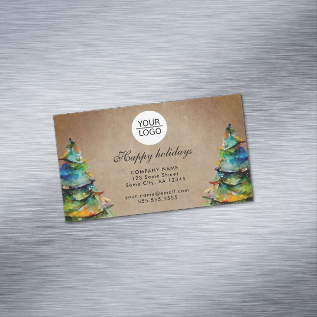 Rustic Add Logo Custom Text Christmas Tree Holiday Magnetic Business Card (In Situ)