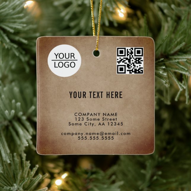 Rustic Add Logo QR code Text Promotion Giveaway Ceramic Ornament (Tree)
