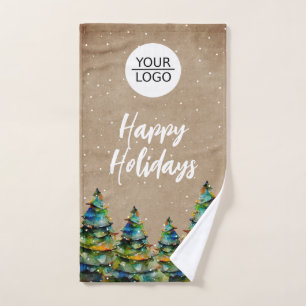 Rustic Add your Logo Happy Holidays Company Hand Towel
