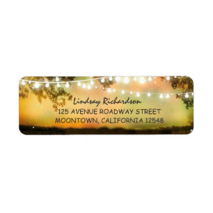 rustic address label with string lights