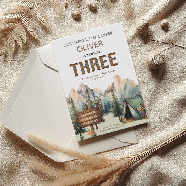 Rustic Adventure Happy Camper Third Birthday Invitation (Creator Uploaded)