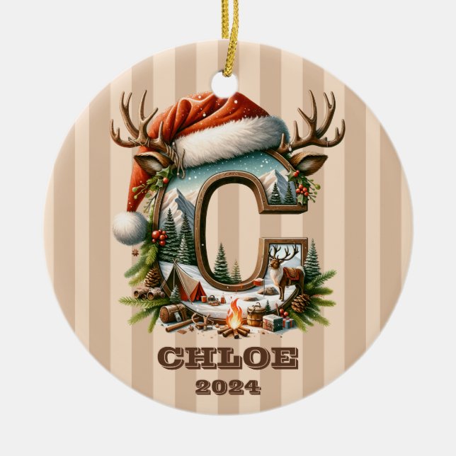 Rustic Adventure Letter C Santa Hat and Campfire Ceramic Ornament (Front)