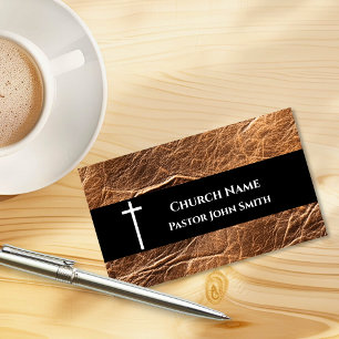 Rustic Aged Walnut Leather Church Business Card