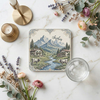 Rustic Alpine Snow Rolling Meadow Grazing Cows Art Square Paper Coaster