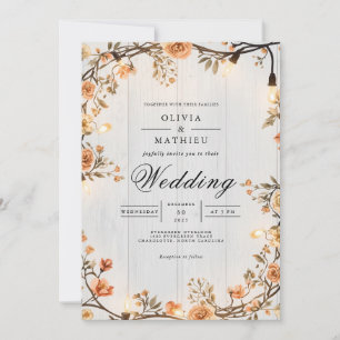Rustic Amber Floral String Lights Wedding Invitation