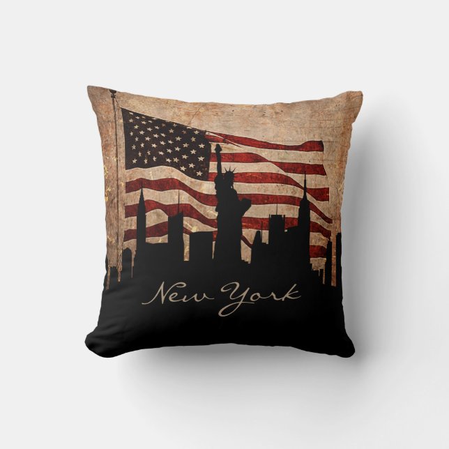Rustic America Flag New York Skyline | Landmark Throw Pillow (Front)