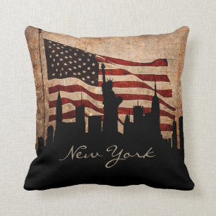 Rustic America Flag New York Skyline   Landmark Throw Pillow