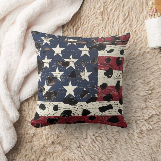 Rustic American Flag Leopard Print (2) Throw Pillow (Blanket)