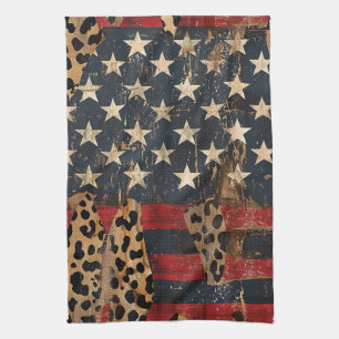 Rustic American Flag Leopard Print (3) Kitchen Towel