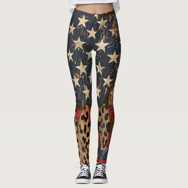 Rustic American Flag Leopard Print (3) Leggings (Front)