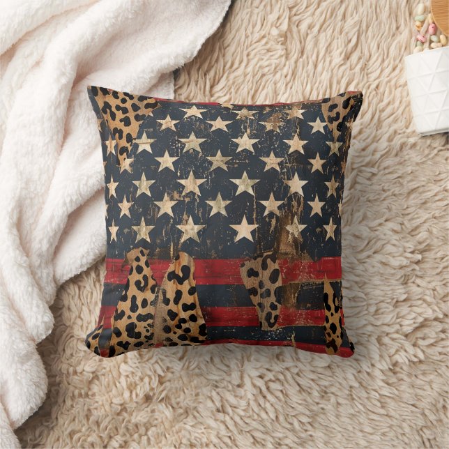 Rustic American Flag Leopard Print (3) Throw Pillow (Blanket)