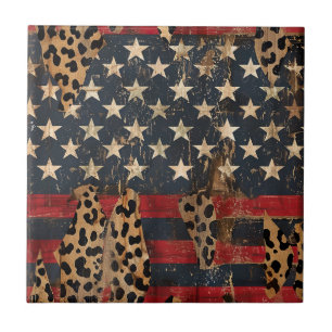 Rustic American Flag Leopard Print (3) Tile