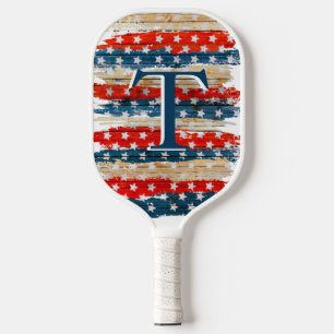 Rustic American Flag Monogram Pickleball Paddle