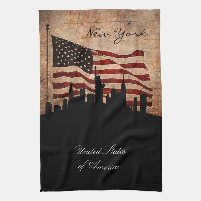 Rustic American Flag new York Skyline Kitchen Towel (Vertical)