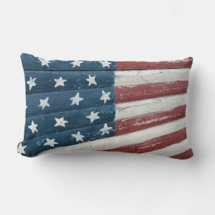rustic American flag painted on wood Lumbar Pillow