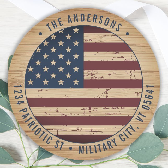Rustic American Flag Patriotic Return Address Classic Round Sticker (Creator Uploaded)