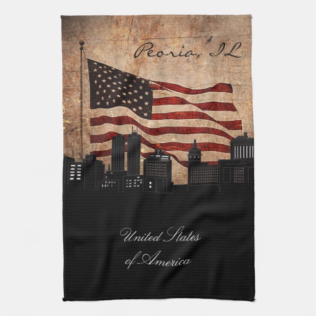Rustic American Flag Peoria, Illinois Skyline Kitchen Towel (Vertical)