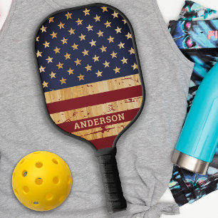 Rustic American Flag Personalized USA Patriotic Pickleball Paddle