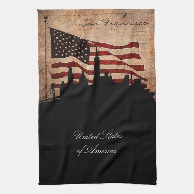 Rustic American Flag San Francisco Skyline Kitchen Towel (Vertical)