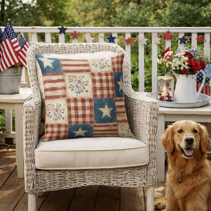 Rustic Americana Patchwork Quilt‑Style Outdoor Pillow