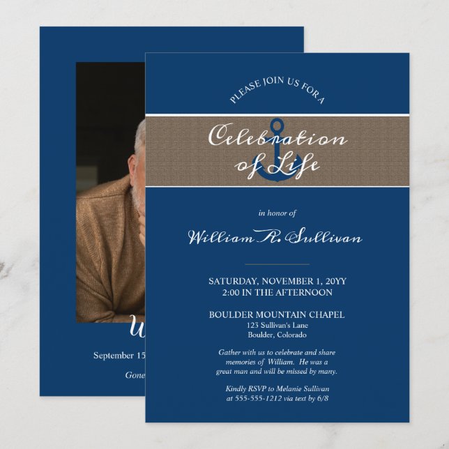Rustic Anchor Nautical Photo Celebration of Life Invitation (Front/Back)