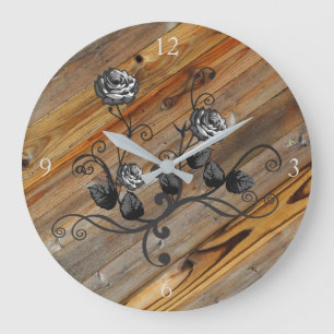 Rustic and Elegant Wood And Roses Large Clock