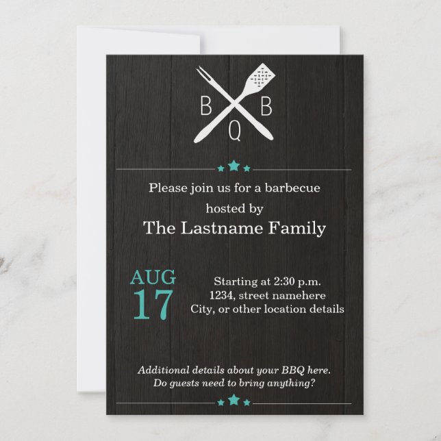 Rustic and Modern BBQ Invitations in Teal (Front)