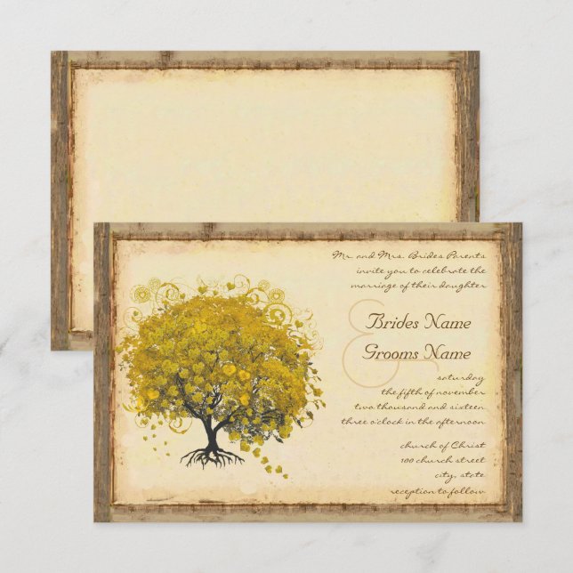 Rustic and Romantic Yellow Heart Tree Wedding Invitation (Front/Back)