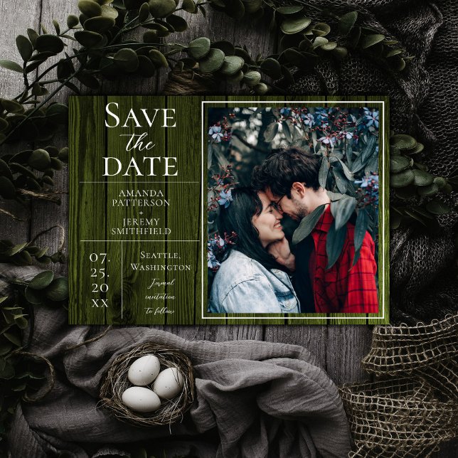 Rustic and Simple Photo | Green Save the Date (Green Rustic and Simple Photo Save the Date)