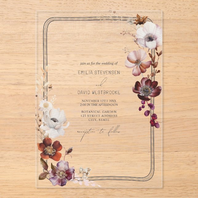 Rustic Anemone Floral Hand Drawn Border Acrylic Invitations (Front)