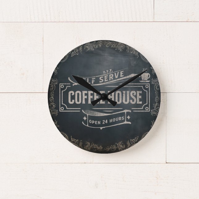 Rustic Antique Black and Brown Coffee Bar Photo  Round Clock (Creator Uploaded)
