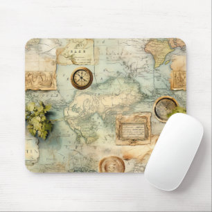 Rustic antique clocks and world map Cartography Mouse Pad