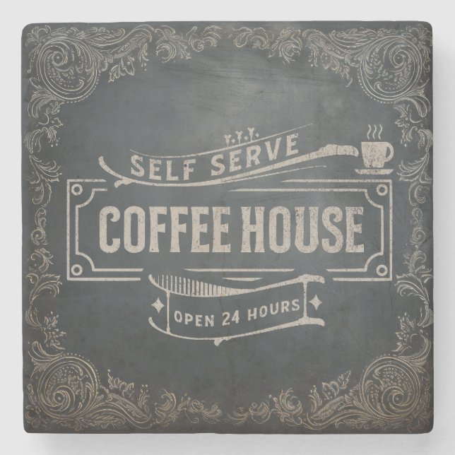 Rustic Antique Coffee House Chalkboard Stone Coaster (Front)